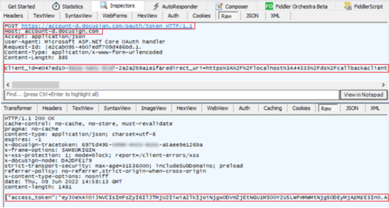 Viewing the API request and response in Fiddler