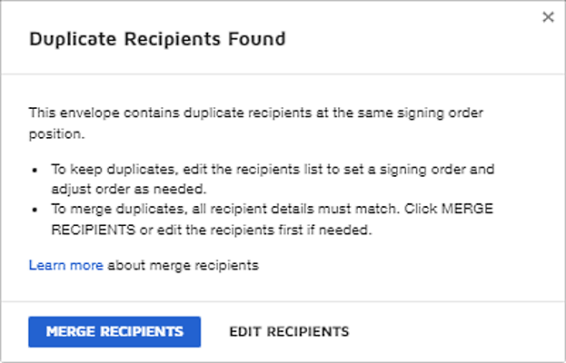 Sender View: Duplicate recipients detected by DocuSign