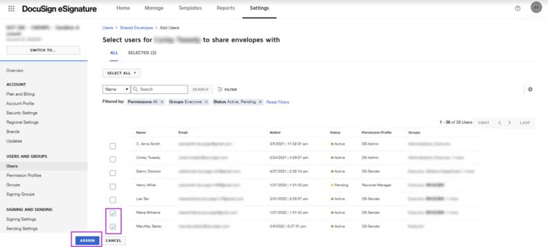 Screenshot of envelope sharing in DocuSign eSignature