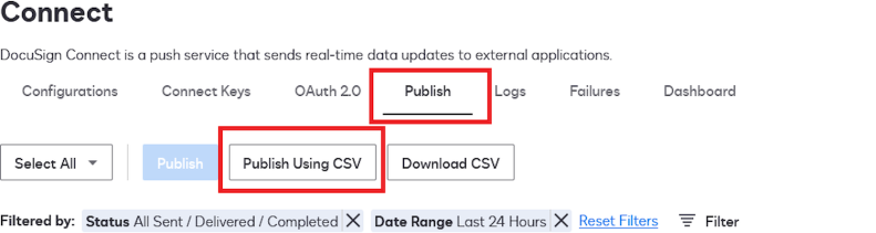 Publishing files via a CSV file in the user interface