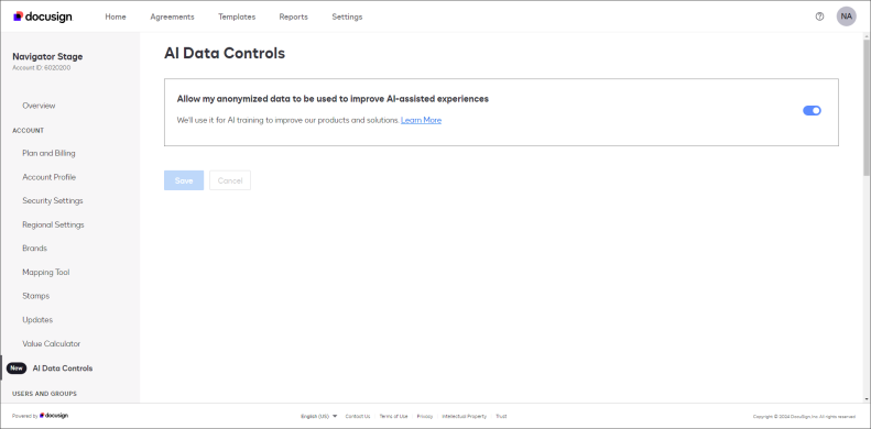 AI Data Controls setting in Docusign screenshot