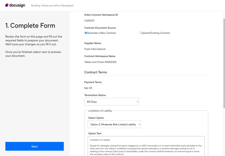 Docusign Connect SAP Ariba New Contract