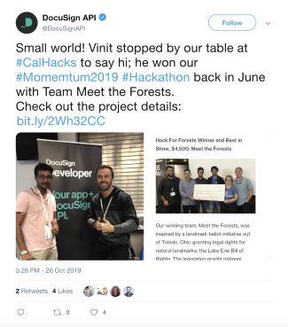 Featured tweet: a visit from Vinit, a winner at the Momentum 2019 hackathon.
