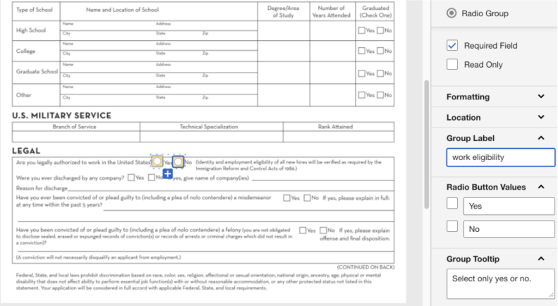 Adding Radio Buttons to DocuSign forms